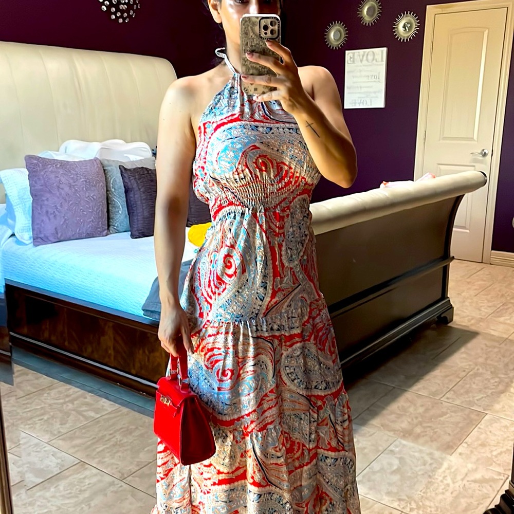 Maxi halter dress  red, blue , turquoise, cream, and white